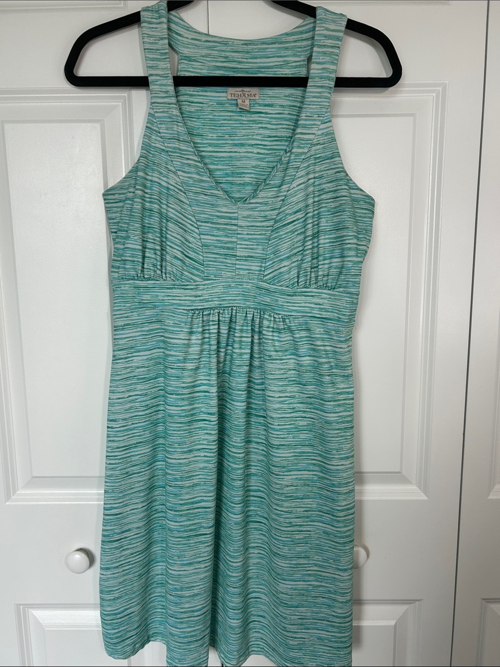 TEHAMA Mint and Aqua Striped V-Neck Midi Dress